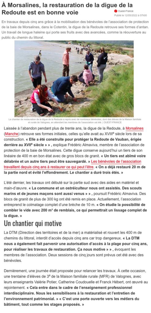 article Ouest France mai 2022 digue redoute de Morsalines MFR Valognes